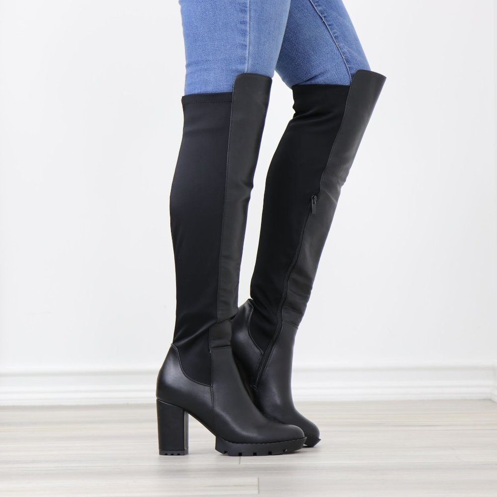 Black Faux Leather Round Toe Thigh High Over The Knee Lug Block Heel Boots - Picture 3 of 15